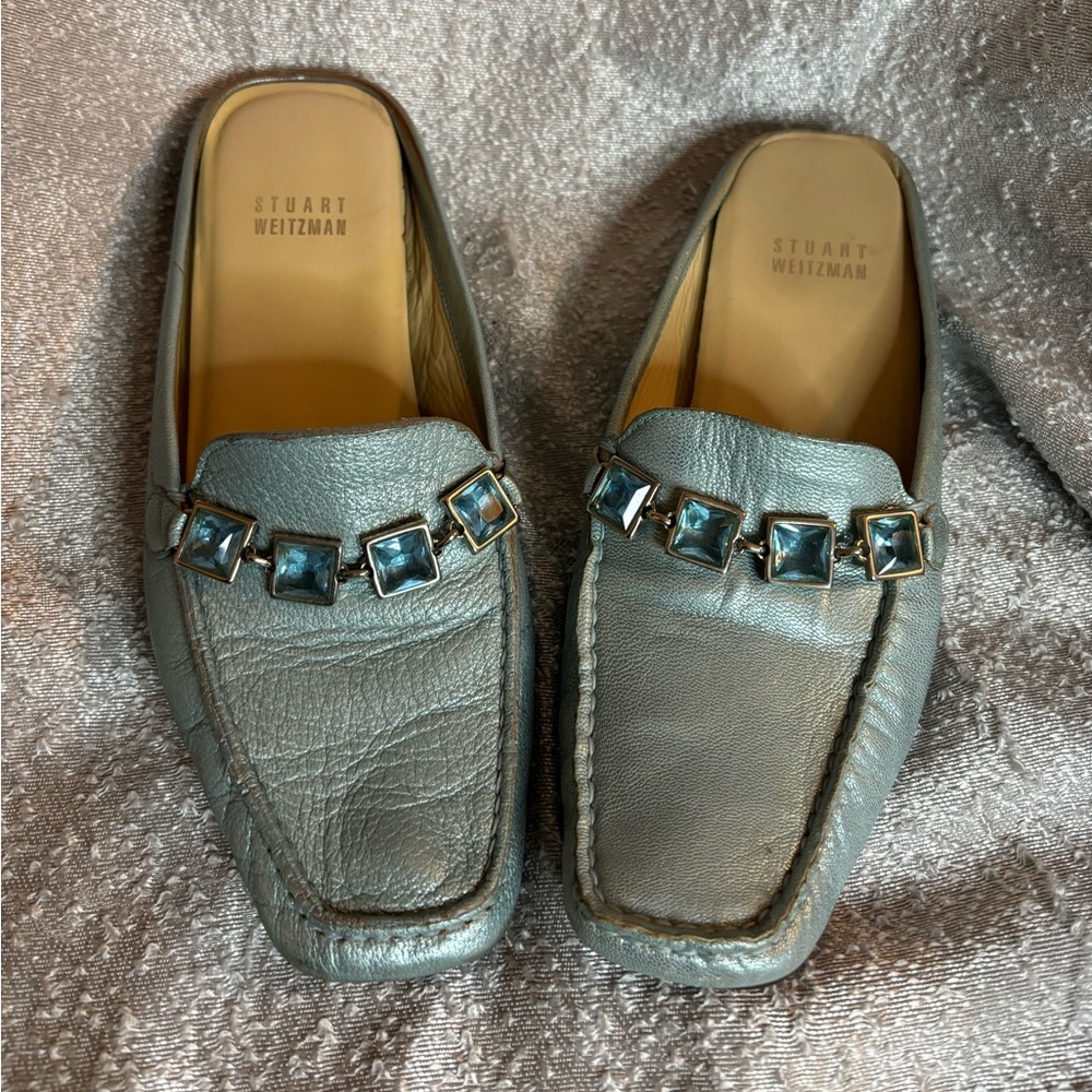 Stuart Weitzman Leather Mule Loafers Ice Blue w/Blue & Sliver  jewels‎ 6 M